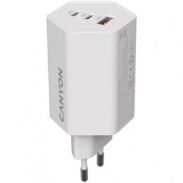 Hálózati töltő, 1xUSB-A, 2xUSB-C, 65W, CANYON "Hexagon 65", fehér
